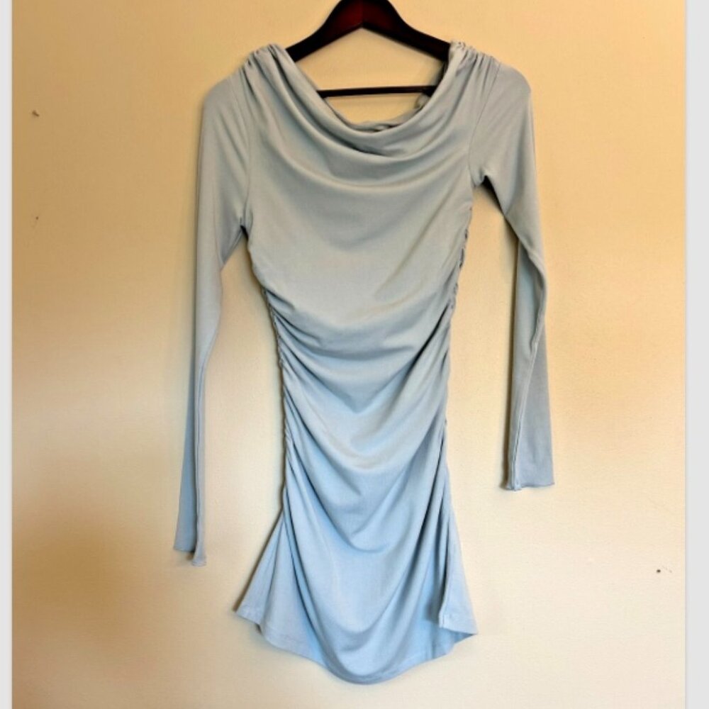 NWT CHOSEN By Tuchuzy Women Knit Ruched Long Sleeve Mini Dress Size M Baby Blue